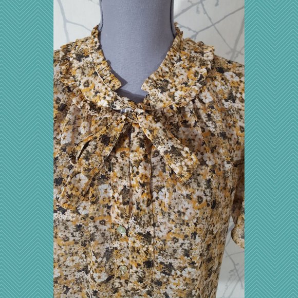 Everleigh Orange Floral Printed Tie Neck Button Front Blouse - Picture 2 of 5